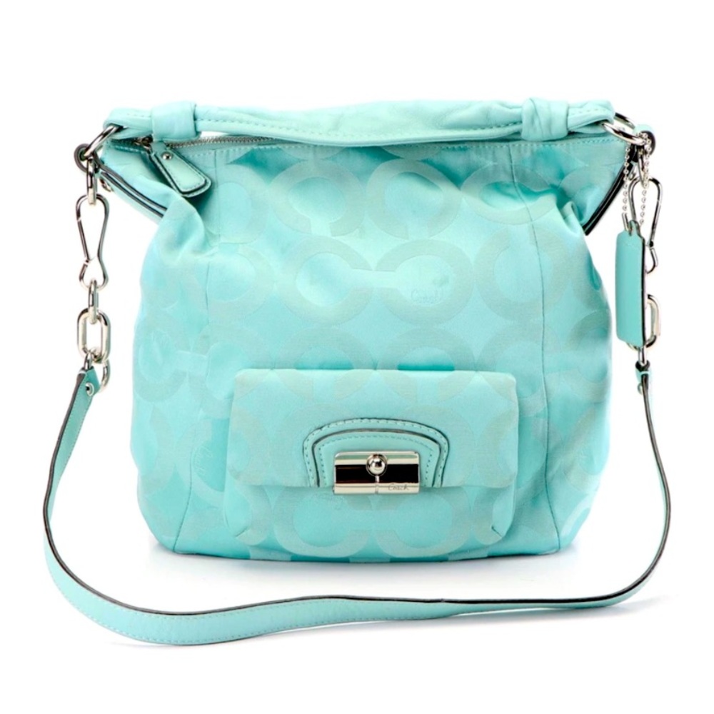 Coach Kristin Signature Op Art Aqua Canvas and Leather Hobo 2 Way Bag
